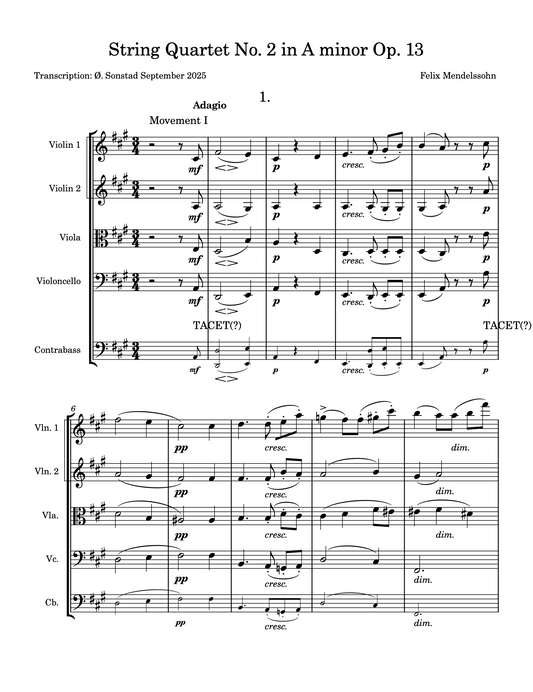 Mendelssohn String Quartet no. 2 in A minor op. 13 (double bass part)